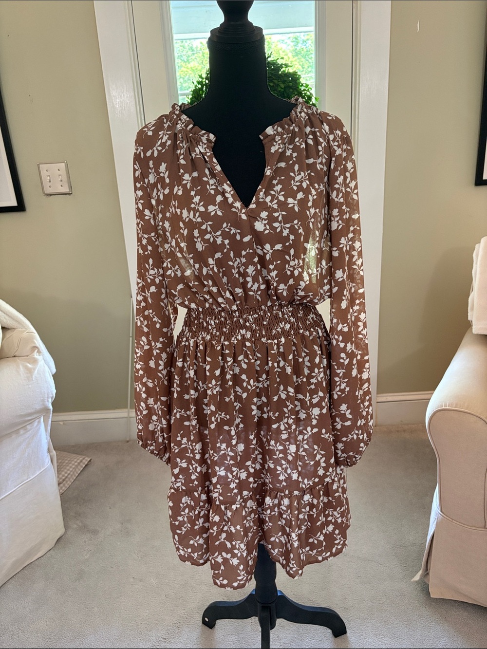 Steve Madden Brown Floral Long Sleeve Smocked Waist Dress